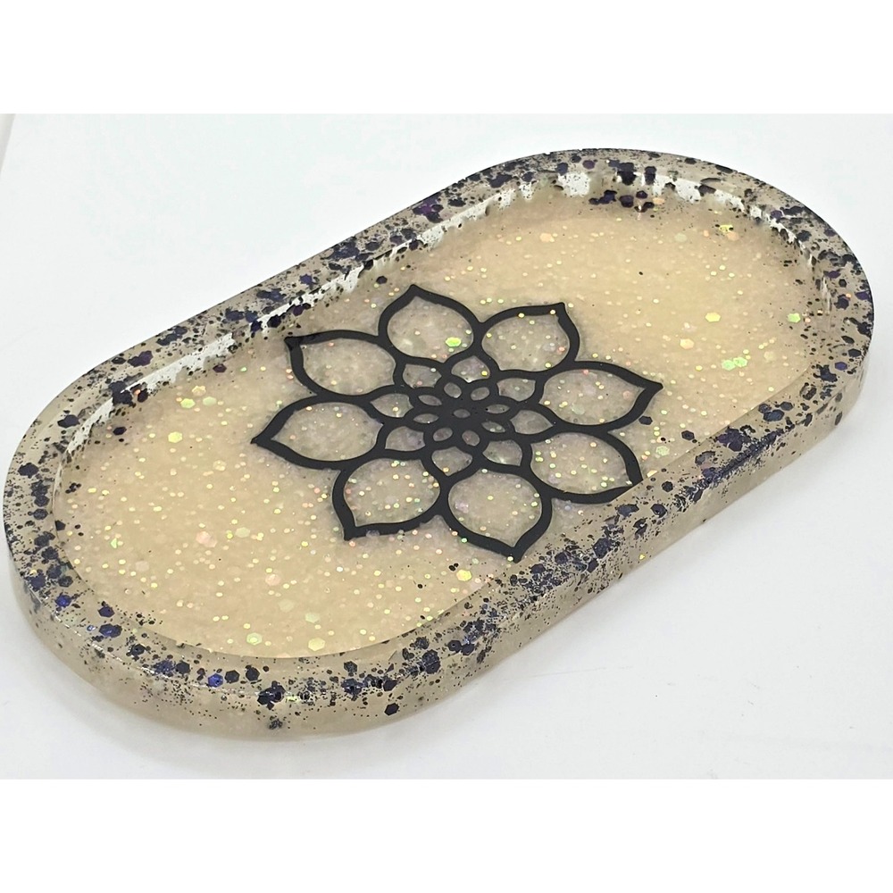 Handmade Resin Oval Trinket Tray Champagne Glitter Black Mandala Jewelry Dish